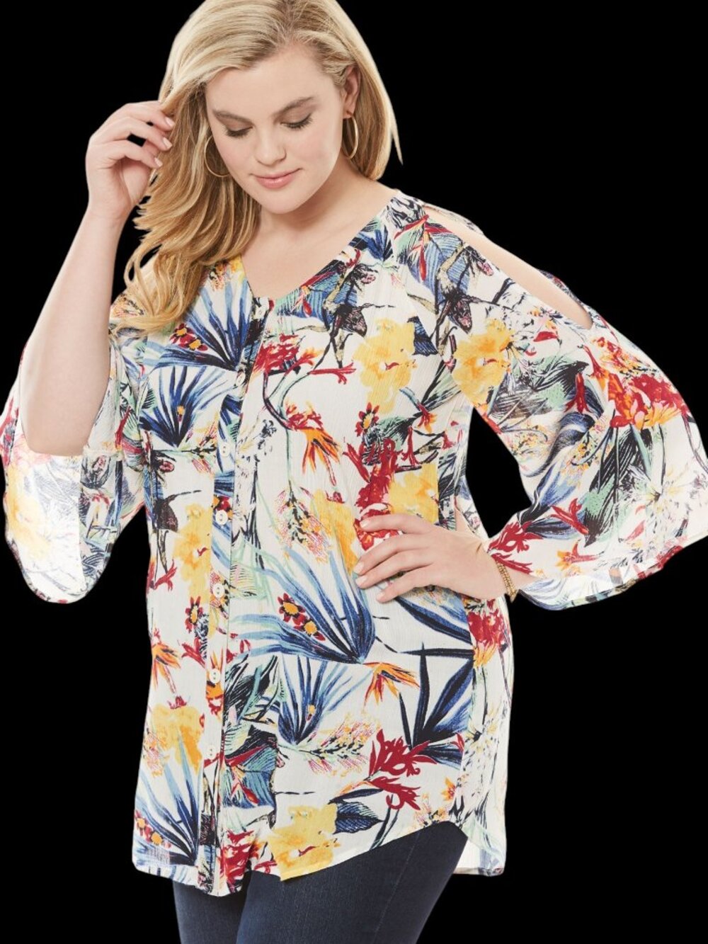 NEW Roaman's Angelina Tunic 22W Tropical Print Cold Shoulder Crinkle Crepe Top - Picture 15 of 15